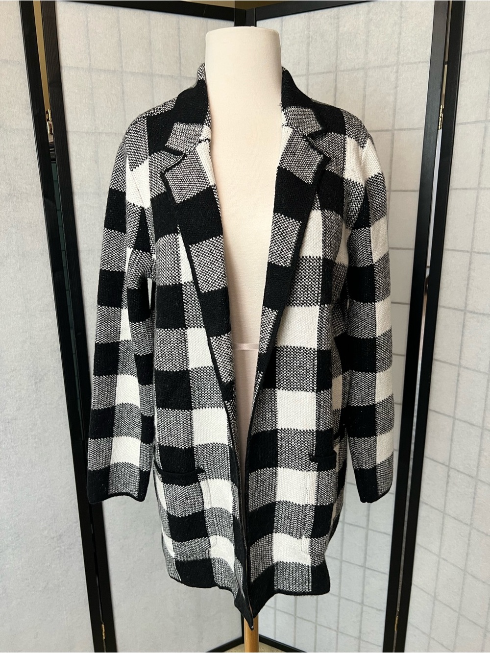 Talbots Black and White Buffalo Check Open Sweater Blazer